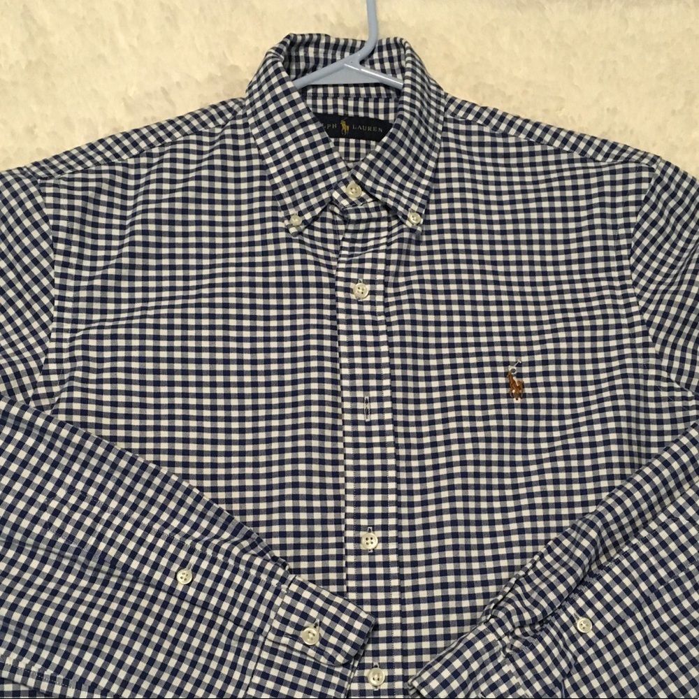 Navy blue gingham button up dress shirt EUC